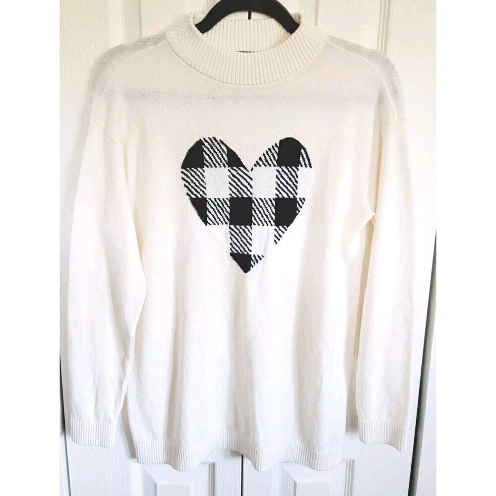 Talbots SP Ivory Gingham Heart Soft Sweater Mockneck RV $90‎ NWOT